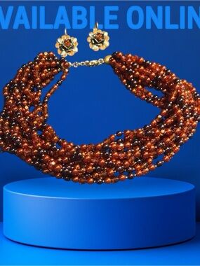 Amber Multi-Strand Bead Necklace with Gold Floral Earrings